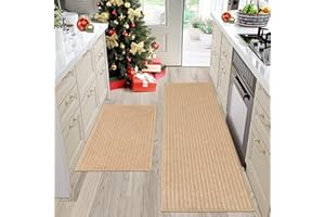 BEQHAUSE Kitchen Rugs and Mats Non Skid Washable Kitchen Floor Mat with TPR Backing 100% Polyester Kitchen Mat Set of 2 Absorbent Runner Rugs 50X76cm+50X122cm, Beige