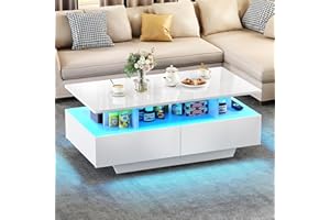 YITAHOME Coffee Table with Storage, High Glossy 16 Color Adjustable LED Coffee Tables for Living Room, white Coffee Table with Open Display Shelf and 4 Drawers, Modern Wooden Rectangle Tea Table