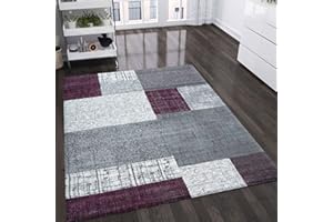 VIMODA Dywan z krótkim włosiem, w kolorze fioletowym, szarym, białym, do salonu, nowoczesny wygląd, w kratkę, łatwy w pielęgnacji, 160 x 230 cm