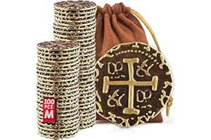 LEIB GAMES Monedas Piratas de Metal - 100 Monedas De Bronce para Juegos De Mesa Adulto, Juegos De Mesa Niños, Cofre del Tesoro, DND, Gloomhaven Dinero Falso - Tamaño M