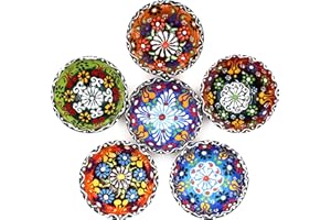 HeraCraft 6pcs Hand Painted Turkish Bowls Set - 9cm/74ml - Unique Ottoman Oriental Tulips Pattern - for Ketchup Soy Sauce Nuts Ice Cream etc. - Decorative Multipurpose Ceramic Bowl Set - Best Gift Set