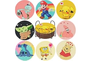 CLENDO 8Pcs Diamond Painting Coasters Kits,DIY Cartoon Diamond Art Coasters Kits for Adults Kids Beginners,Diamond Painting Coasters with Holder for Home