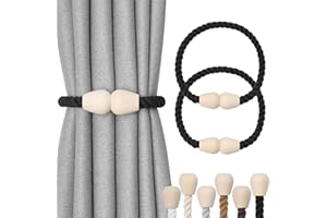 Pretty Jolly 2 Pack Wooden Magnetic Curtain Tiebacks Elegant Boho Home Decoration Drape Tie Backs Natural Cotton Handmade Rope Curtain Holdbacks for Home & Office Window Drapery (Black)