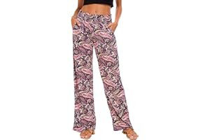 EXCHIC Femmes Décontracté Jambe Droite Boho Yoga Pantalon Élastique Taille Haute Pantalon avec Poches