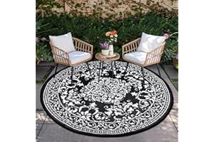 ‎TUKDAK TUKDAK Schwarz Rund Outdoor Teppich Wetterfest 150cm, Wendbarer Outdoorteppich Matte Kunststoff Teppich, Wasserdichter Außenteppich, UV-beständige Camping Matte für Balkon Terrasse Garten RV Picknick