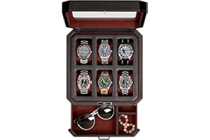 ROTHWELL 6 Slot Leder Uhrenbox mit Valet Schublade - Luxus Uhrengehäuse Display Organizer, Herren Aufbewahrungsboxen Halter Große Glasplatte (Schwarz/Rot)