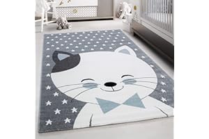 ‎TEPPIUM Kinderteppich Niedliches Katze Muster Spielteppich Weich & Soft Babyzimmer Spielzimmer Kinderzimmer Teppich Kurzflor Flauschig Weich rutschfest Läufer Teppich in Farbe: Blau, Grösse: 80 x 150 cm