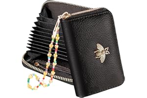 Hautebella Credit Card Holder for Women Cute Small for Ladies Teen Girls Female RFID Leather Cardholder Wallets with Keychain Accordion Organizer Purse Black Bee Girly Aesthetic Print Unique Zipper