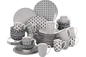 vancasso, Haruka Geschirrservice aus Porzellan, 48 TLG. Set Rund Kombiservice für 12 Personen, Beinhaltet Becher, Schalen, Dessertteller und Essteller