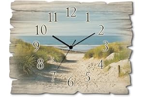 ‎ARTLAND ARTLAND Wanddeko Wanduhr ohne Tickgeräusche aus Holz Funkuhr 40x30 cm Rechteckig Lautlos Strand Meer Düne Nordsee Landschaft Maritim T9EX