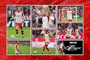 RJR PRINTS Harry Kane – Bayern München signiertes 30,5 x 20,3 cm Montagefoto mit Druck, vorgedrucktes Autogramm, Fußball-Geschenk