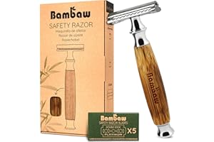 Bambaw Rasoio di Sicurezza con 5 Lamette Donna e Uomo, Ideale per Tutti i Tipi di Pelle, Rasoio Lama Singola Sicuro e Facile da Usare, Riutilizzabile e Senza Plastica (Classico Argento Bambù)