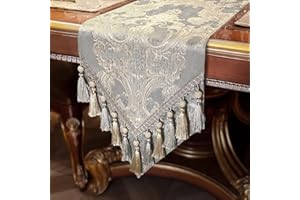 TOPLUXE Table Runner with Handmade Tassels, Damask Table Runner for Dining Room/Restaurant/Banquet/Festival Decoration (33x228cm, Light Grey)