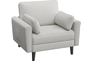 Soberine Divano Singolo Imbottito in Lino con Cuscini Braccioli Divanetto moderno con 2 tasche laterali Struttura in Legno Poltrona a 1 Posto da Soggiorno Salotto Camera da Letto Lettura Greige