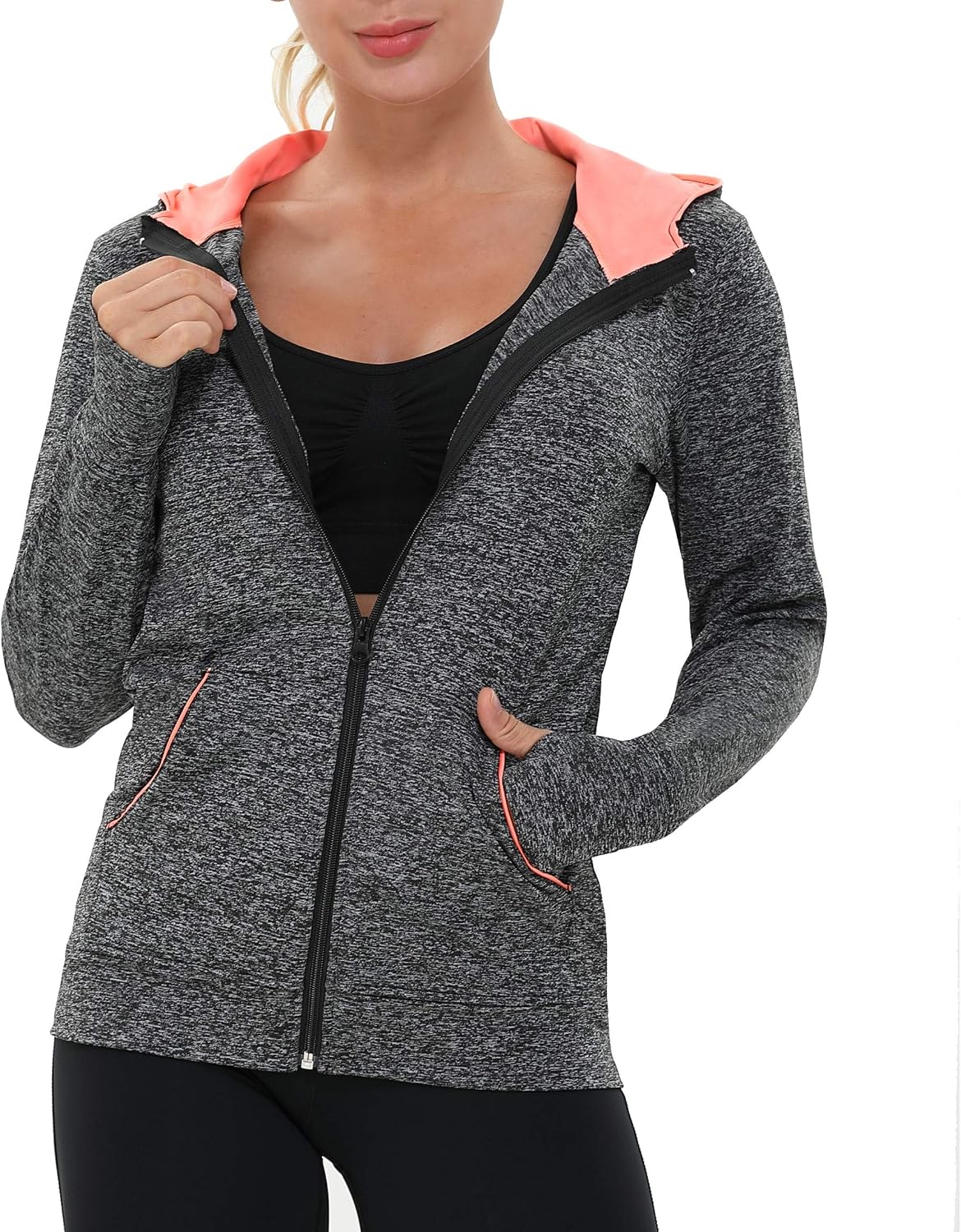 AMZSPORT Chaqueta Deportiva Mujer, Sudadera Capucha Running Cremallera con Bolsillos