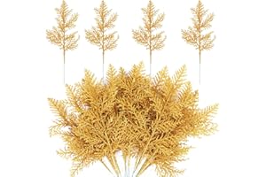 MWOOT 16 Pezzi Rami di Pino Artificiale Glitterate in Plastica, Finti Aghi di Pino Natalizio, Rami di Abete Oro per Fai Da Te Ghirlanda Albero di Natale Bouquet di Nozze Casa Giardino Decorazione