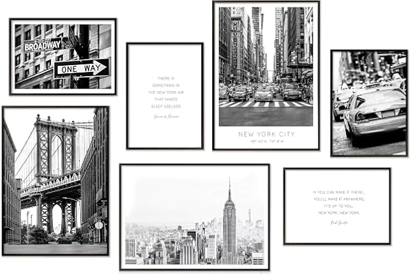 Hyggelig Home Lot de 7 affiches de qualité supérieure assorties dans un ensemble élégant, tableaux muraux décoratifs, 3 x DIN A3 + 4 x DIN A4, New York sans cadre