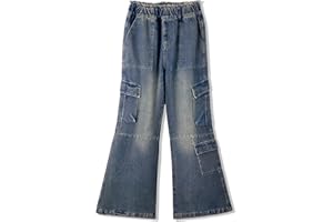 Rolanko Jeans Cargo da Bambina, Pantaloni Larghi Ragazze a Vita Alta Elasticizzati in Denim Vintage con Tasche Multiple