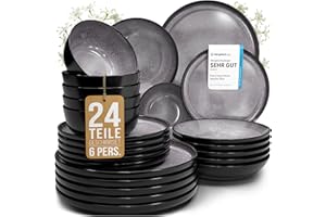 Steingut Geschirrset 6 Personen Ibiza 24 tlg. TESTSIEGER, Traumhaftes Mediterranes Steingut Geschirr Set, Schüssel- und Teller Set, Tafelservice 6 Personen, Geschirrsets Pure Living in Grau