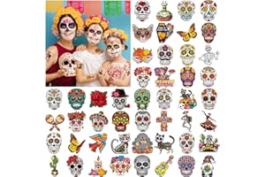 DPKOW 96 sztuk tymczasowych tatuaży z trupią czaszką, Halloween, Dia De Los Muertos, tatuaże na Dzień Zmarłych, meksykański festiwal, tatuaż naklejki, czaszki, tymczasowe Halloween, kostiumy,
