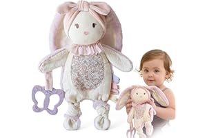 Moonkie Baby Comforter, Bunny Security Blanket with Silicone Teether, Newborn Girl Gifts for Baby Shower & Birthday, Cuddly Toy with Textured Ribbons, Crinkle Ears, Soft Minky Velour & Natural Cotton