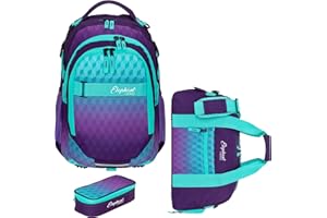 Elephant 3 Teile Set Schulrucksack Jungen Mädchen Signature Hero 2 Schultasche Laptopfach Rucksack + Sporttasche + Mäppchen Box (Violet Cube 12868 (Türkis Lila))