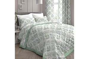Dreams & Drapes - Green Floral Bed Spread (195 x 230cm) - Green Botanical Flower Bed Cover - Sage Green Quilted/Padded Blanket