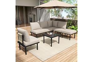 Laxnb Gartenmöbel Set Balkonmöbel Garten Lounge Möbel, 5-6 Sitzer Ecksofa mit Couchtisch und Kissen, Sitzgarnitur Gartenlounge Outdoor Terrassemöbel, Geflochtenes Seilhandwerk, Glastischplatte (Beige)