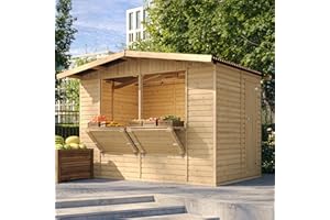 TIMBELA M150 Holz Gartenhaus, Marktbude Holz, Qualitäts Schiffslatten Kiefern Fichte Verkaufsstand Holzhaus mit Theke, Zwei Fenster, 200x300/6 m2, große multifunktionale Garten-Bar Verkaufshütte