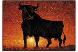 ARTLAND T4LC Wall Decoration Canvas Picture 70 x 50 cm Bull Animals Spain Bullfight Catalonia Painting Modern Red