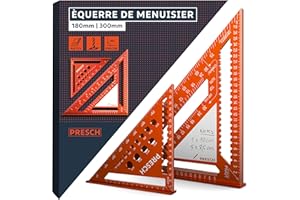Presch Équerre de menuisier Set - 180mm & 300mm - Surface innovante effaçable - Guide de perçage intelligent - Aluminium fraisé de haute précision pour des angles de 90° toujours précis