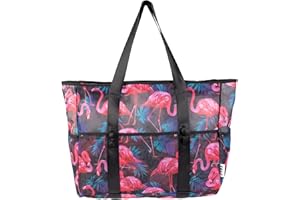 KUAK Mesh Beach Bag Extra Large Lightweight Foldable Printed Mesh Tote Bags with 9 Pockets, Zip Closure, Inner Waterproof Pocket for Swim Pool Shopping Picnic Family Vacation Travel