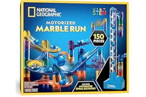 BLUE MARBLE Percorso a Biglie NATIONAL GEOGRAPHIC con Ascensore Motorizzato – Kit Labirinto di 150 Pezzi con Spirale Elettrica, 30 Biglie, Borsa e Altro, Macchina a Moto Perpetuo, Giocattolo di Fisica per Bambini