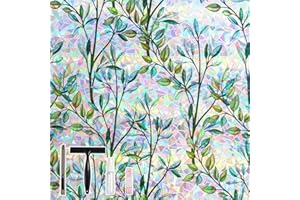 Conkov Fensterfolie Sichtschutzfolie mit Regenbogeneffekt, Elektrostatische Adsorption, Keine Klebeverbindung, Dekorfolie für Wohnzimmer Küche Büro, Grünes Blatt, 44,5 x 200 cm mit Werkzeug