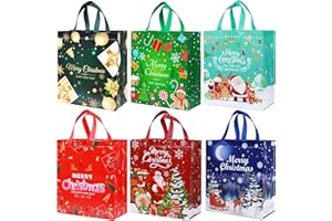 LEUOSO 6PCS Large Reusable Waterproof Xmas Tote Bags for Gifts, Wrapping, Shopping, Party Holiday Decoration Supplies