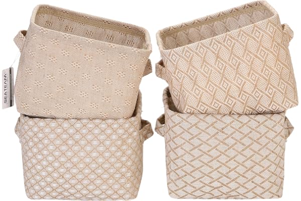Sea Team Panier de rangement en jute de mini-taille de 4,5 L, lot de 4 boîtes carrées avec doubles poignées pour le rangement de petits objets de table et de pièce, 20 * 16 * 15 cm / 7,9 * 6,3 * 5,9