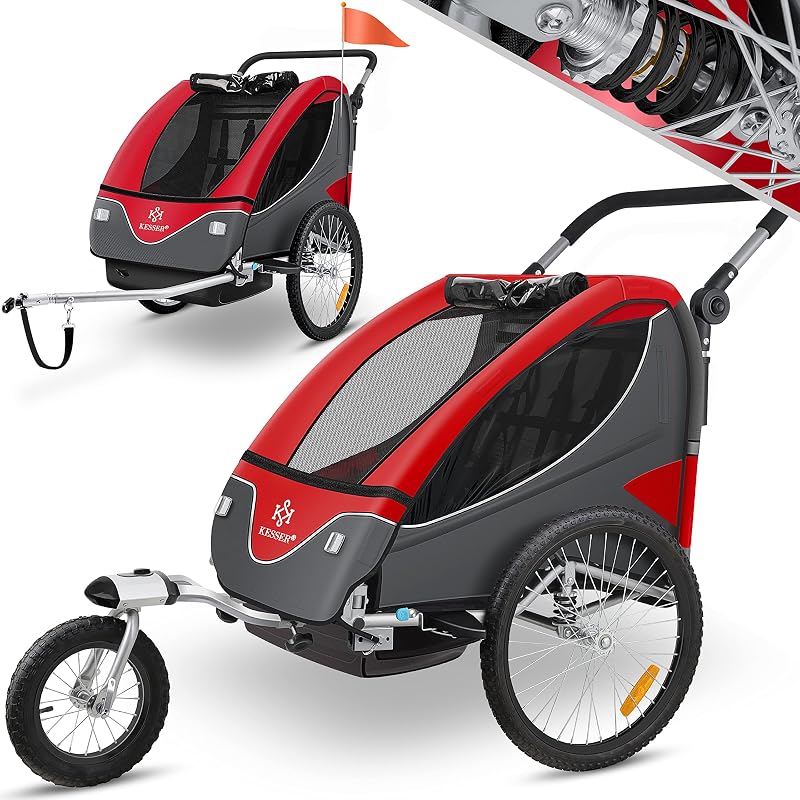 KESSER® Remolque para bicicletas giratorio 360° con suspensión 2en1 Función Jogger Remolque para niños + arnés de 5 puntos Remolque Jogger para bicicletas máx. 40kg