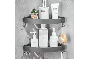 GERUIKE Corner Shower Shelves No Drilling Adhesive Bathroom Shelf Aluminium Shower Caddy Basket Wall Mounted Storage for Kitchen & Bathroom Organiser Matt Grey 2 Pack