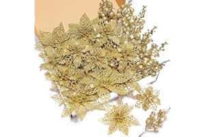 XMASTELL Poinsettia Artificial Flowers Set, 22 Pcs Christmas Flowers for Tree with 16 Poinsettia & 6 Berries Picks, Xmas Tree Flower Decorations for Festive Home Decor Gold
