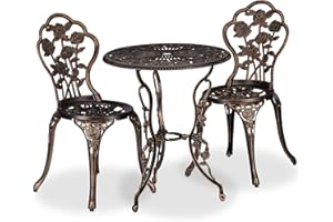Relaxdays Zestaw mebli ogrodowych 3-częściowy, stół ogrodowy i 2 krzesła, balkon, do ogrodu, na taras, zestaw balkonowy w stylu vintage, odlew aluminiowy, brąz