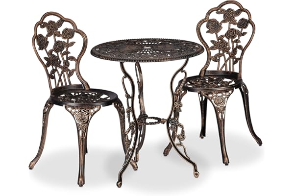 Relaxdays Salon de Jardin, pour 2 Personnes, Design Romantique, Fonte d'aluminium, pour Le Balcon, Noir et Bronze