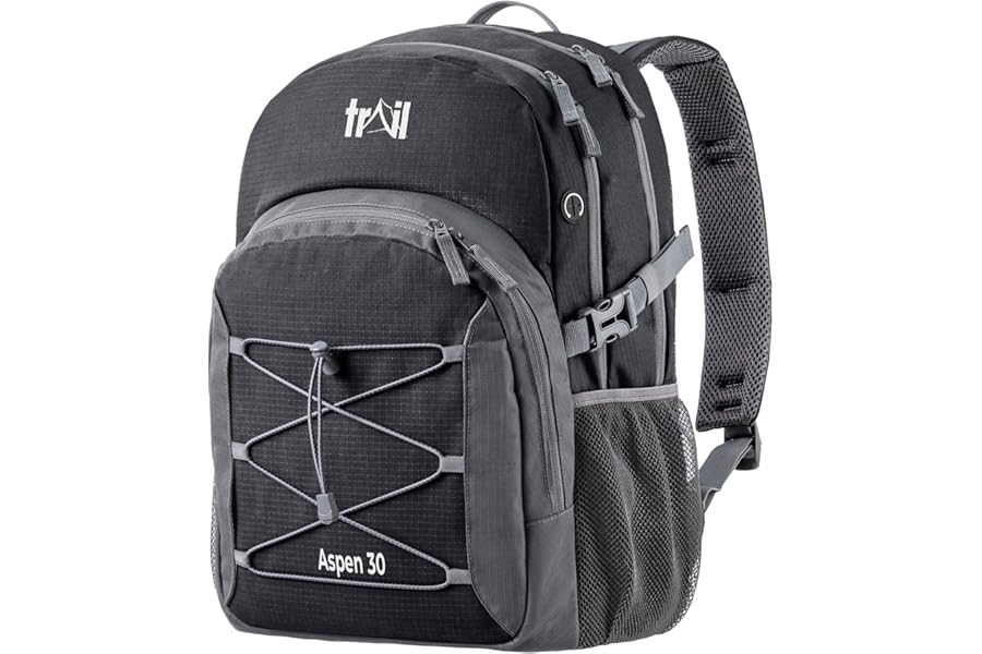 Trail Aspen 30L Day Pack Backpack for School Work Hiking Camping Travelling, Breathable Padded Back & Straps, 3 Zip Compartments, Internal Pockets, Bungee Cords, USB/Headphone Port, Water Resistant