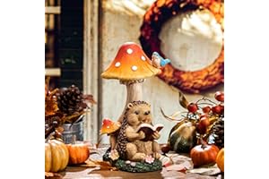 TERESA'S COLLECTIONS Autumn Decorations, Garden Ornaments Outdoor, Lovely Hedgehog and Mushroom with Solar Lights, Waterproof Resin Ornaments, Autumn Gifts 25.5CM