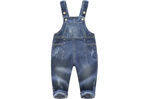 KIDSCOOL SPACE Salopette di Jeans per Bebè,Salopette Jean con Fori Strappati Alla Moda