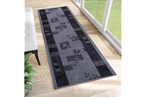 TAPISO Anti Rutsch Teppich Läufer rutschfest Brücke Meterware Modern Grau Dunkelblau Vierecke Floral Design Flur Küche Wohnzimmer 67 x 170 cm