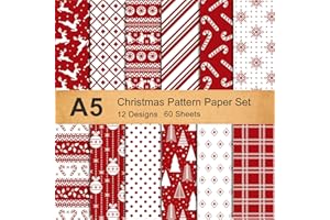 Whaline Lot de 60 feuilles de papier à motifs de Noël,Format A5,Motif flocon de neige, renne,Blanc et rouge,Papier décoratif double face pour la fabrication de cartes et le scrapbooking