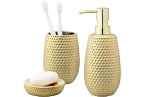 Navaris Złoty zestaw akcesoriów łazienkowych, młotkowane wykończenie, akcesoria łazienkowe, dozownik mydła, uchwyt na szczoteczki do zębów, uchwyty na mydło do zlewu i dekoracja do