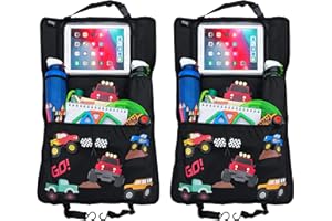 2x HECKBO dziecięcy organizer na oparcie fotela samochodowego z regulowaną kieszenią na tablet z folią dotykową do 20" – Monster Truck – 70x45 cm – z kieszenią termiczna elastyczna kieszenią siatkowa