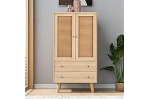 ‎MERAX Merax Rattan Sideboard Kommode Wohnzimmer mit 2 Rattantüren und 2 Schubladen, Sideboard Holz Buffet Aufbewahrungsschrank Küchenschrank mit 4 Stauräumen, Eiche/60x40x120cm