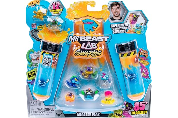 Coffret Méga labo MrBeast Lab Atomic Swarms, Verse de l'eau, secoue Le Tube à essai et découvre 2 des 12 Mini créatures MrBeast Swarms de 2,5 cm à Collectionner, Plus de 85 à Collectionner
